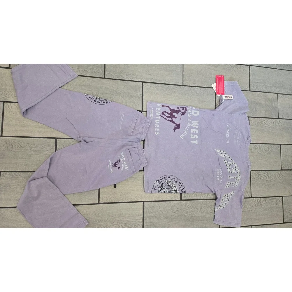 Gunzinii Denim Co Ride Hard Saloon Purple Mineral Wash Shirt and Pants Set M